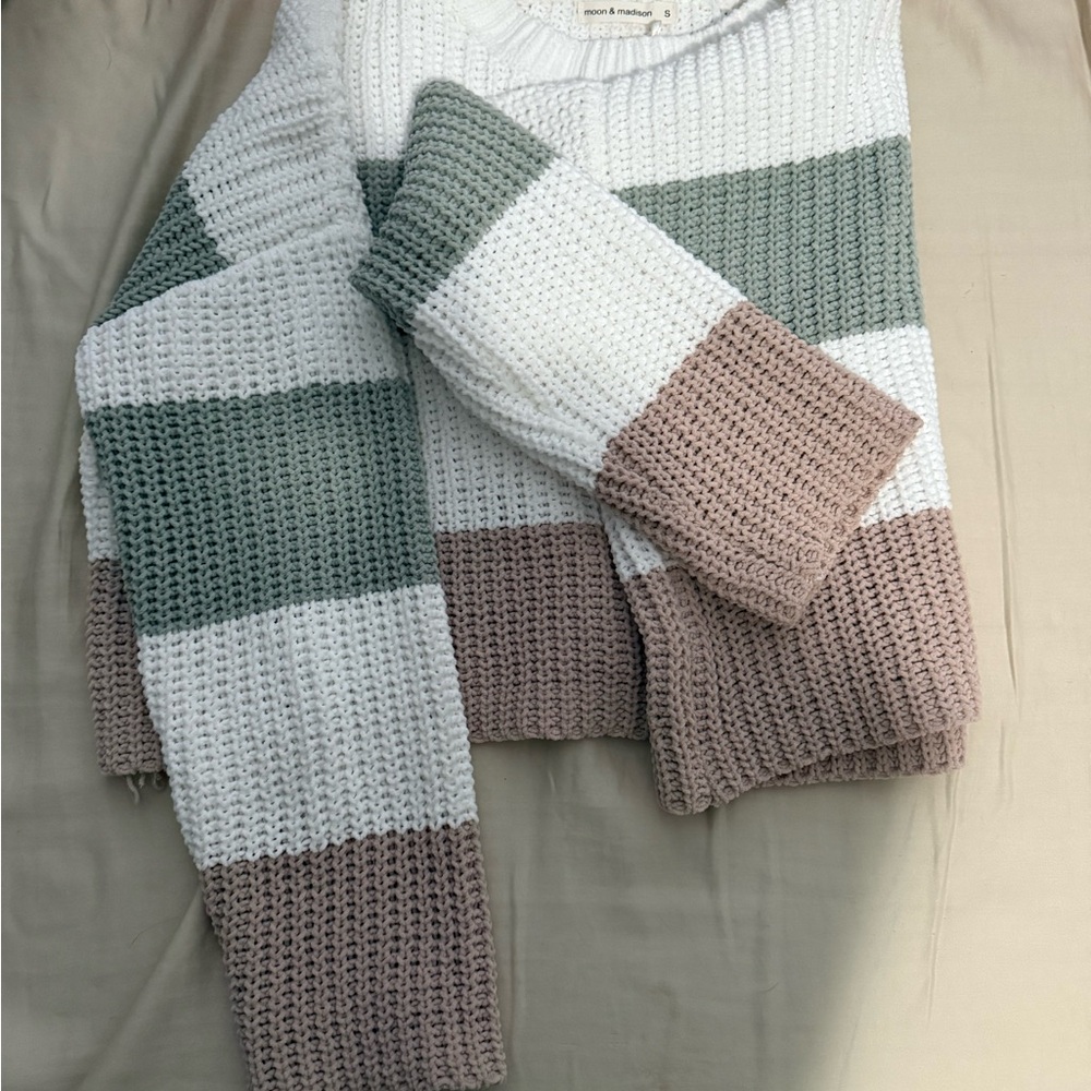 Francesca's Collections Striped Knit Sweater - White, Green, and Tan